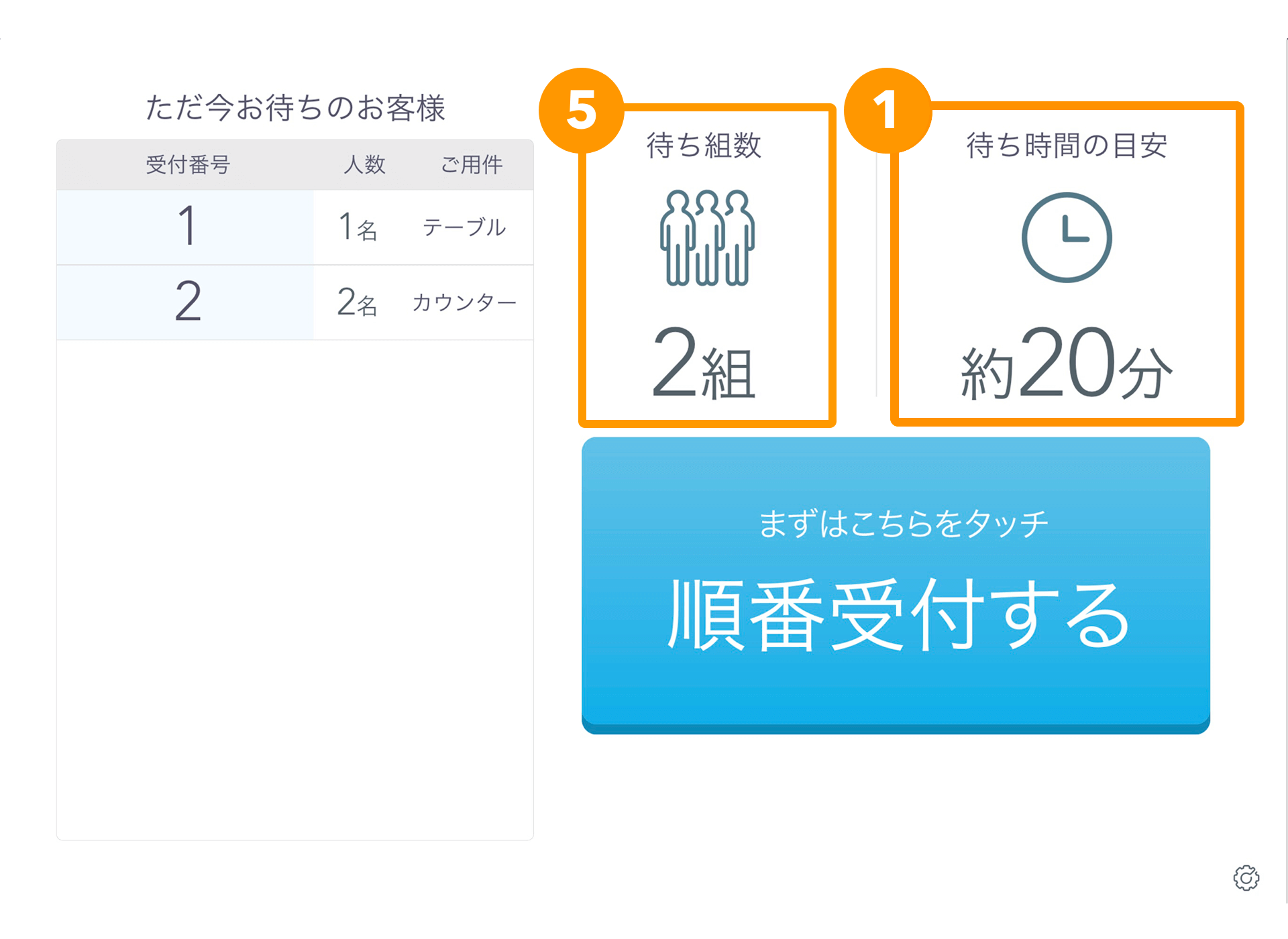 02 Airウェイト お客様モード 受付画面 待ち時間の目安