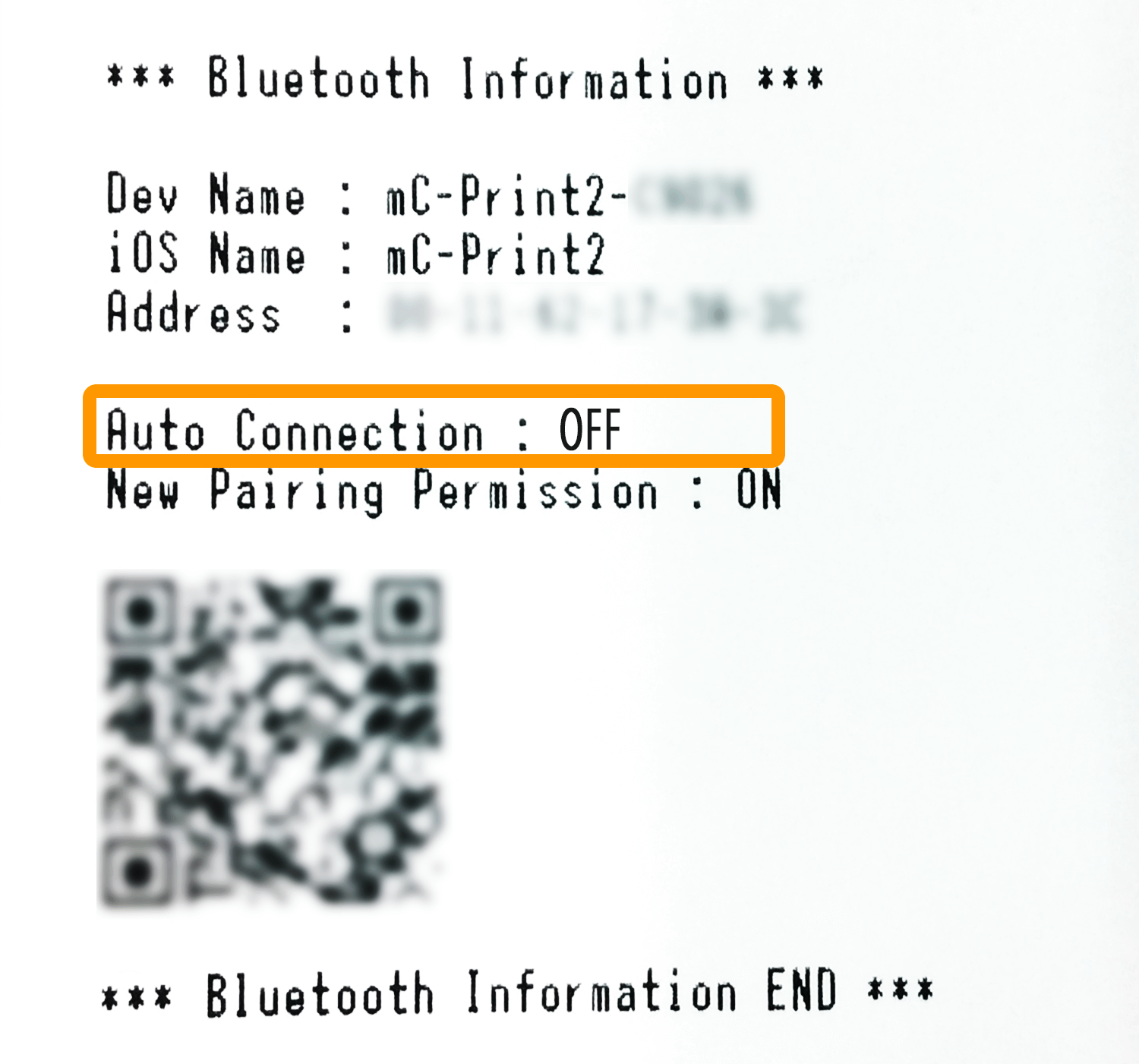 mC-Print2プリンター Bluetooth Information 印字内容:OFF